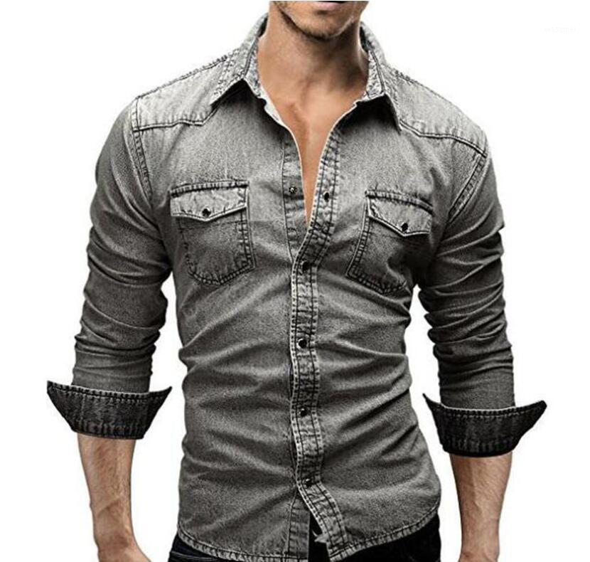 Men's Denim Shirt Tops Casual Shirts Slim Fit Long Sleeve M5, Blue