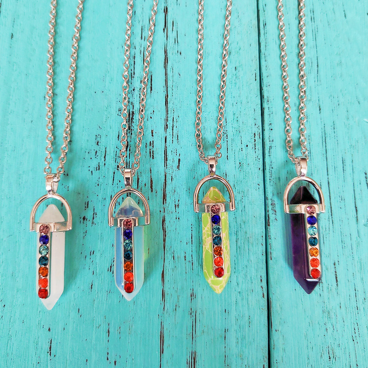 Reiki Healing Stones Necklaces 7 Chakra Colorful Natural Gemstone Hexagonal Prism Bullet Pendulum Jewelry for Women Men Gifts Crystal Rhinestone Penda
