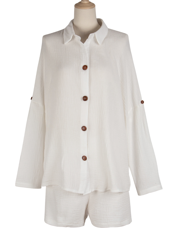 Summer Beach Casual Button White Women's Sets Cotton Linen Two Pieces Long Sleeve Shirt and Shorts Women Set Outfits 220509
