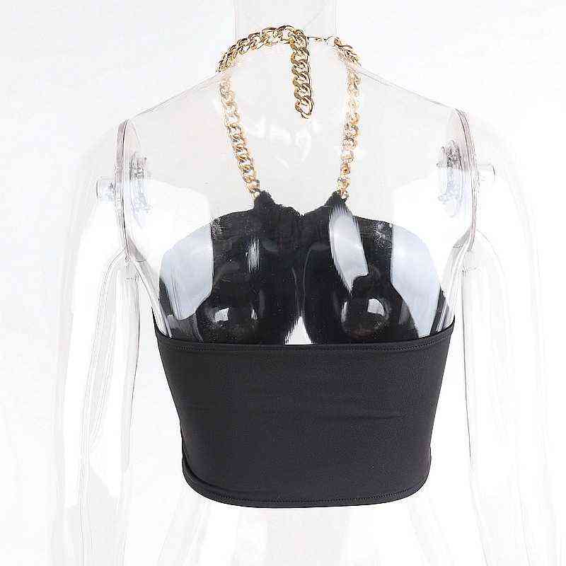 Summer Fashion Chic Halter Chain Crop Tops for Women Backless Cropped Feminino Black Wrap Top 2021 Streetwear G220414