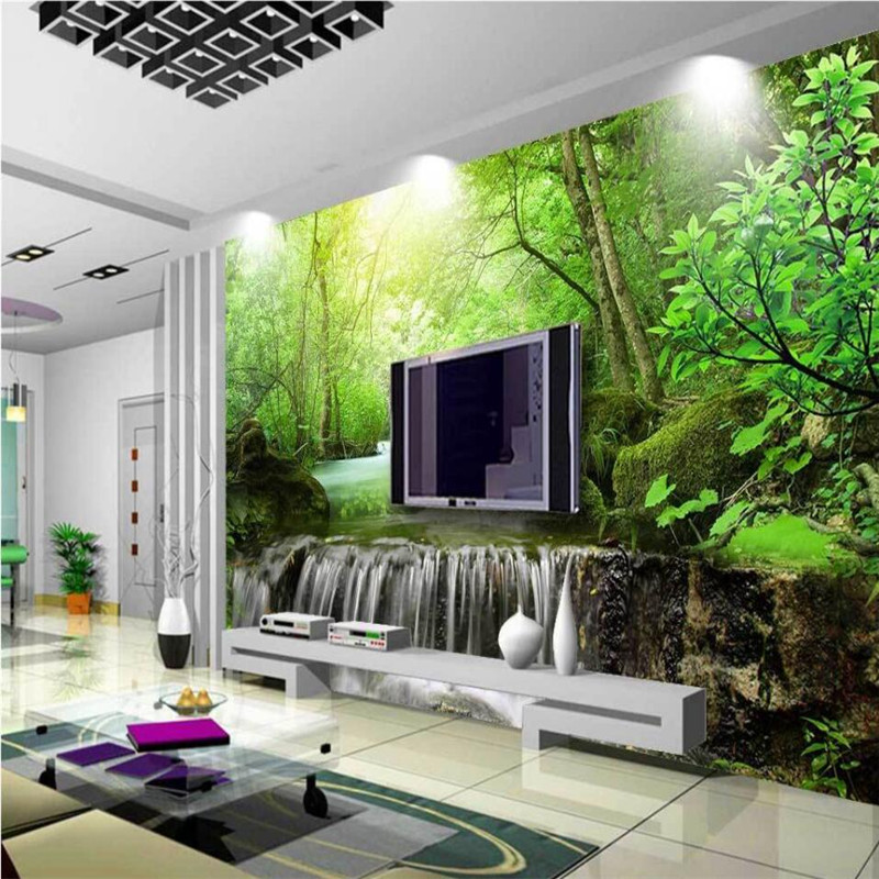 Sunshine trees green landscape water production financial TV wall background custom large fresco green wallpaper