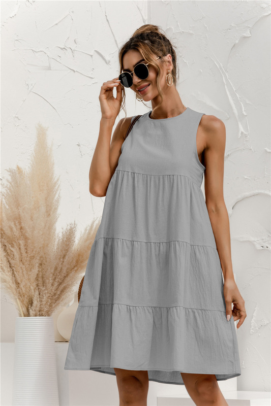 Summer Women Vest Dress Cotton O-Neck Sleeveless Solid Midi Dress Stitching Large Swing Casual Loose Sundress Vestidos 220429