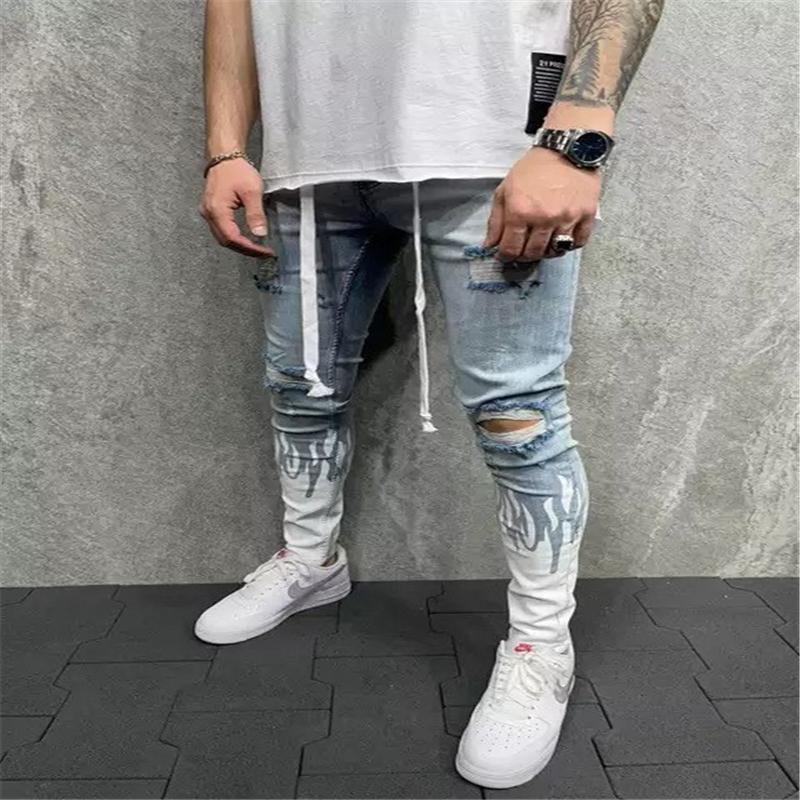 Men's Distressed Denim Cargo Jeans - Flame Colorblock Skinny Fit, Patchwork, Elastic Waist, Spring/Autumn B1