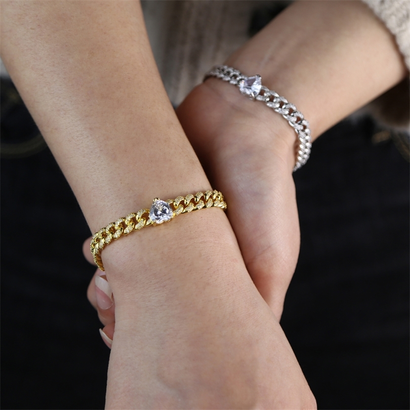 Cuban chain Link Miami Gold color Bracelet white cz paved heart charm Hip Hop Fashion Punk braclet bangle Jewelry for lady women T200423