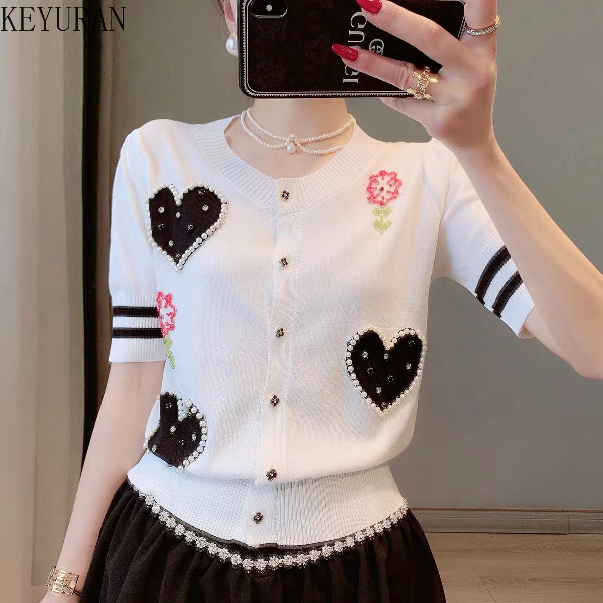 2022 Summer Knitted Women Cardigan Crop Top New Short-sleeved Round Neck Beaded Love Flower Slim Striped Knitwear Woman Sweaters, Black
