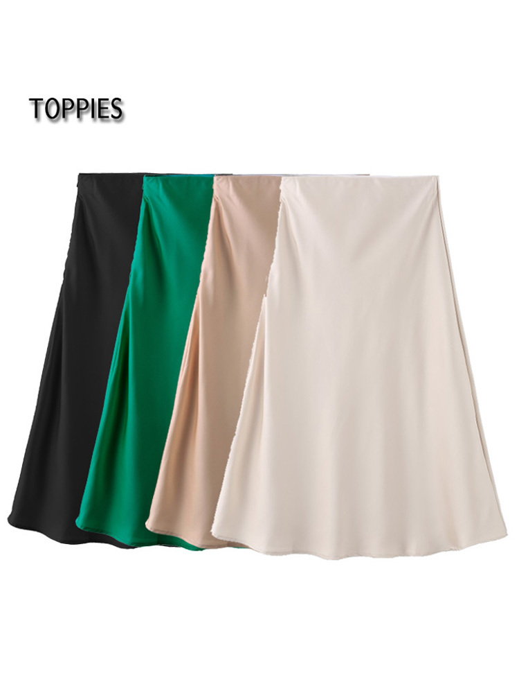 Toppies Womens Silk Satin Skirts High Waisted Skirt Solid Vintage England Simple Office Lady Skirts 220701