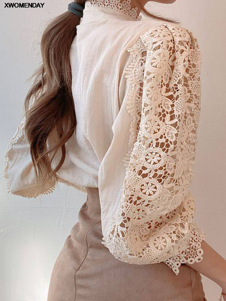 Women Chiffon Button Turtleneck Shirt Chic Elegant Floral Lace Fluffy Long Sleeve Top Fashion Hollow Oversize White Blouse 220407