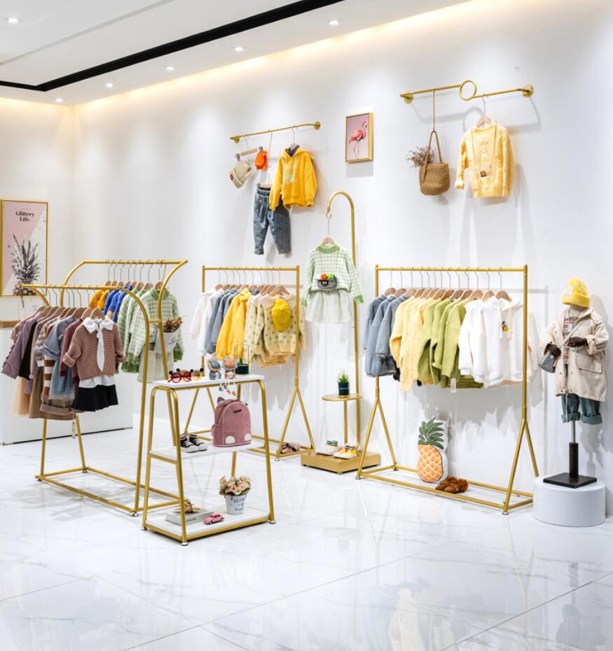 Children's clothing store display shelf Bedroom Furniture floor type golden shelfs baby clothes hanger clothing shop racks kids cloth rack