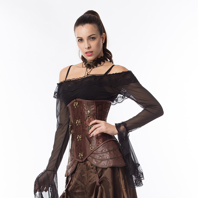 Retro Steampunk Underbust Corset Brown Brocade Jacquard Slimming Belly Sheath Waist Trainer Cincher Women Steel Bone Leather Body Shaper S-3XL