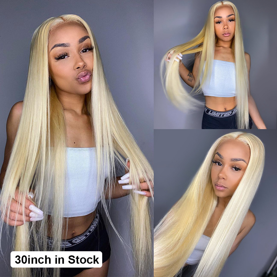 28 30 Inch 13x4 Straight 613 Blonde Bone Straight Human Hair Wigs Brown/Burgundy/Pink Colored Glueless Synthetic Frontal Wig For Women