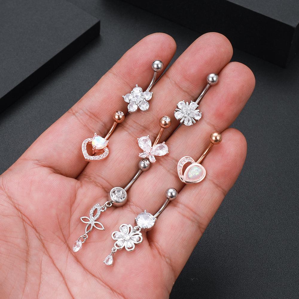 New Surgical Titanium Stainless Steel Belly Button Ring Diamond Flower Dangle Navel Barbell Stud for Women Rose Gold Cubic Zirconia Piercing Bar Bell 