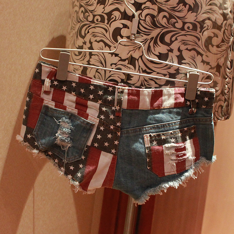Women's Low-rise American Flag Print Ripped Denim Shorts Jeans Mini Shorts Summer Style 220419