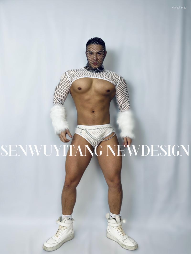 Men's Tracksuits Nightclub Bar Gogo Clothing Muscle White Wool Mesh Perspective Tops Shorts Suit Male Female Singer Dance Team Costumes Wome
Men's Tracksuits Nightclub Bar Gogo Clothing Muscle White Wool Mesh Perspective Tops Shorts Suit Male Female Singer Dance Team Costumes Wome