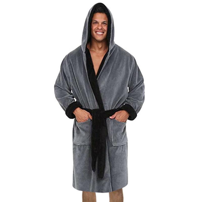 Men's Sleepwear Robe For Men Solid Color Bandage Bathrobe Long Sleeve Hooded Robes Male Lounge Wear Dressing Gown Mens Sleep Tops