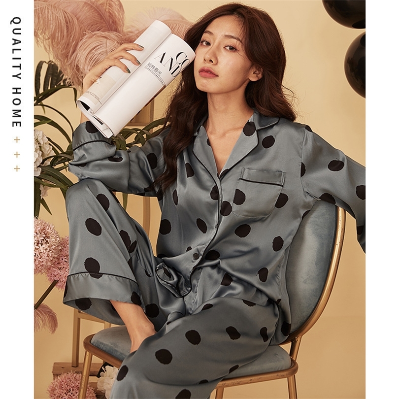 New Autumn Women Silk Satin Printing Pajamas Set Dot Long Sleeved Shirt and Trousers Home Service Suit Satin Pajamas for Women T200429