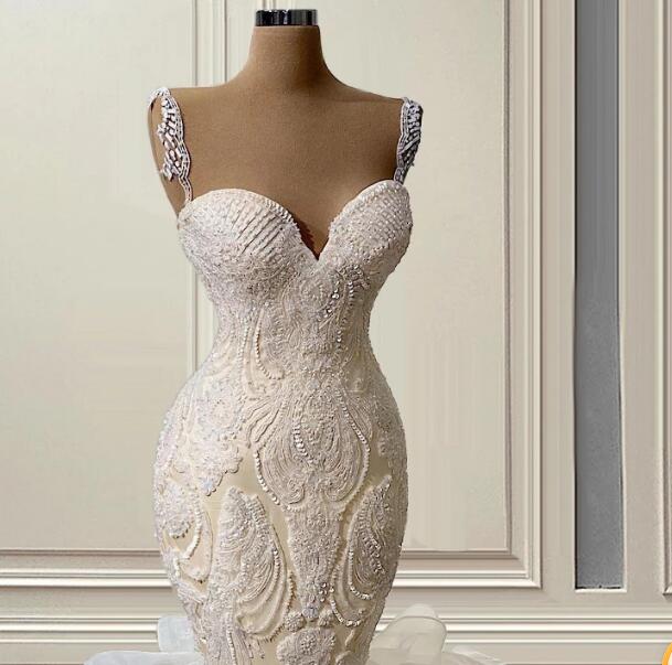 Amazing Lace Beaded Mermaid Wedding Dresses Sweetheart Tiered Organza Ruffles Sweep Train Bridal Gowns Wedding Vestidos