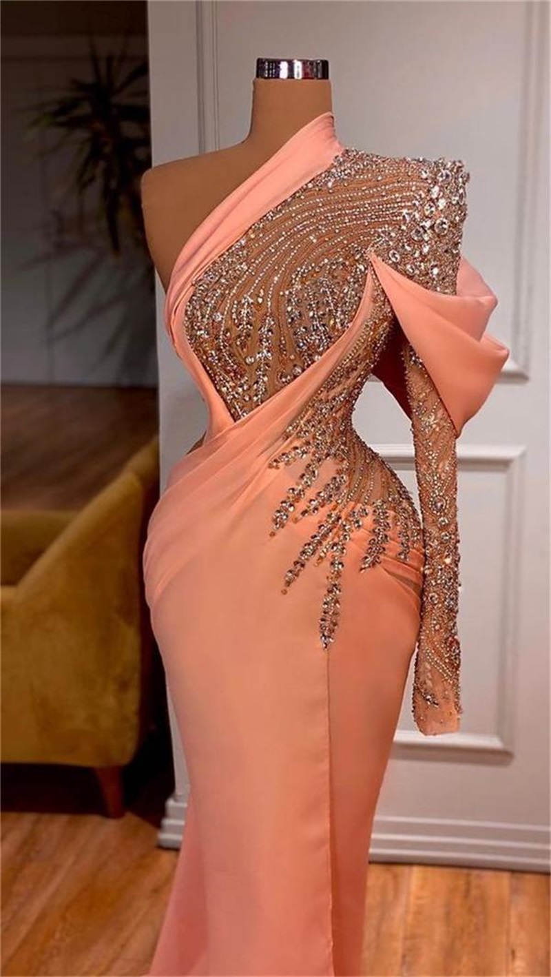 Sexy Prom Dresses Sequins One Shoulder Long Sleeve Deep Sequins Appliques Puff Sexy High Side Split Satin Chic Party Gowns Sweep Floor Length Plus Siz
