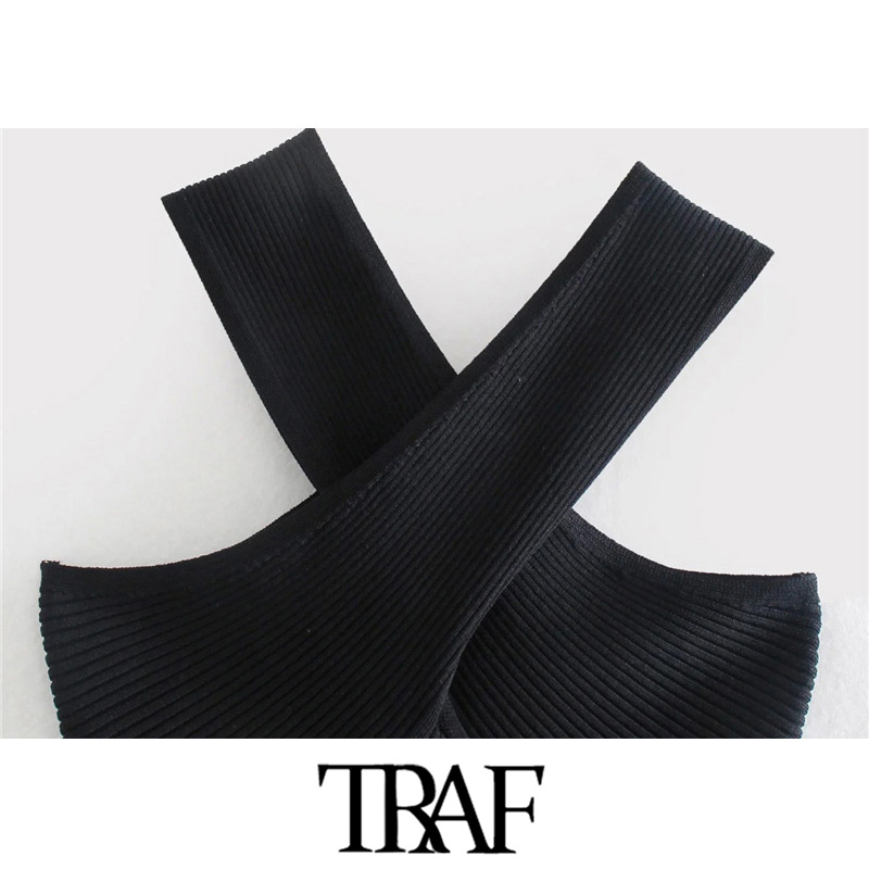 TRAF Women Sexy Fashion Cross Wide Straps Cropped Black Knit Tank Tops Vintage Backless Fitted Female Camis Mujer 220325