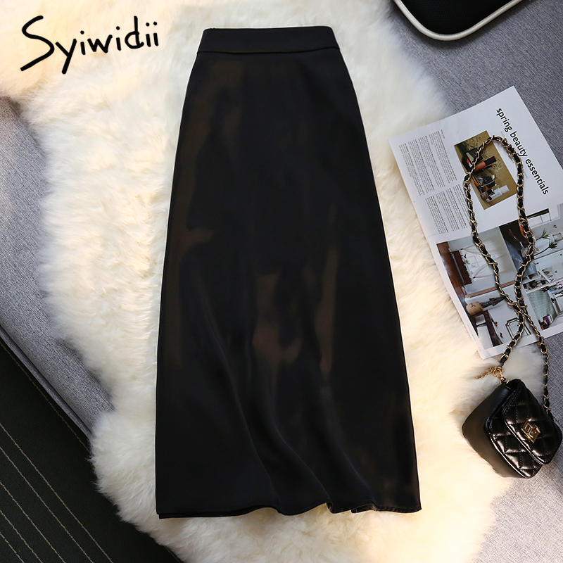 Syiwidii Silk Satin Long Skirts for Women 4 Seasons Elegant Female Midi A Line Side Zipper Back Elastic Band Fashion 220317