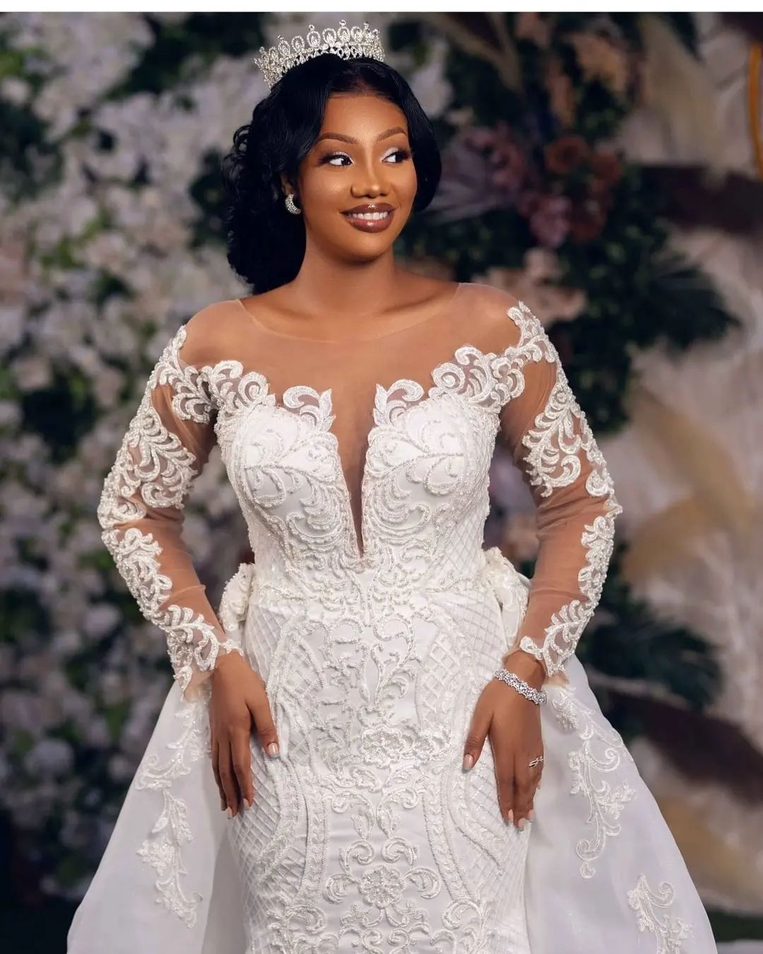 Saudi Arabia Mermaid Wedding Dress with Detachable Train Sheer Neck Long Sleeve Plus Size Lace Bridal Gowns robes de mariée