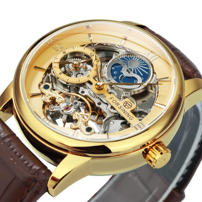 

Wristwatches Forsining Gold Automatic Mechanical Luxury Skeleton Tourbillon Watch For Men Moon Phase Man Sub-Dial Reloj Hombre, Golden white