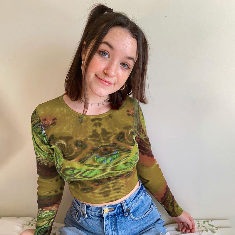 Rockmore Fairy Grunge Long Sleeve T-shirt Women Vintage Knitted Crop Top Tee Autumn Korean Tie Dye Print E Girl T Shirt 90s 220321