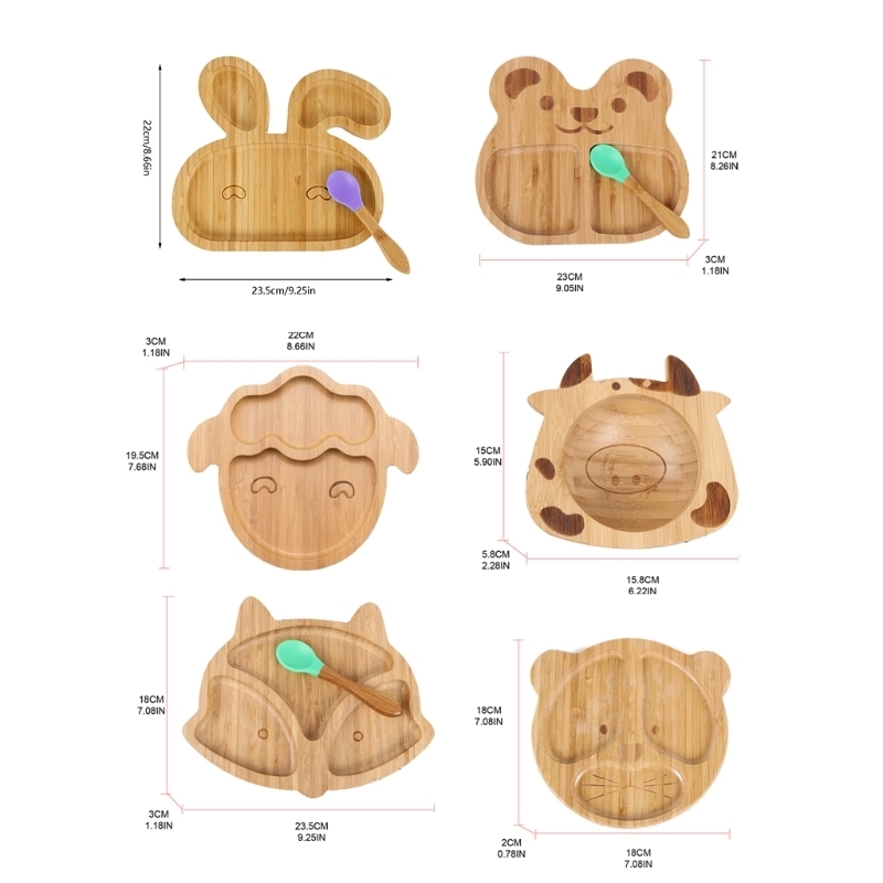 Baby Natural Bamboo Bowl Spoon Set Cartoon Animal Divided Dinner Plate Infants Learning Feeding Dish born Children Tableware 220512