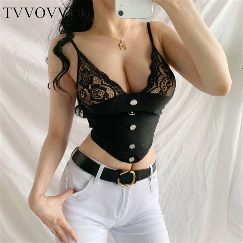 TVVOVVIN Fashion Mesh Lace Stitching Button V Neck Show Thin Backless Sexy Vest Tops Tank Girl Female Woman O88C 220316
