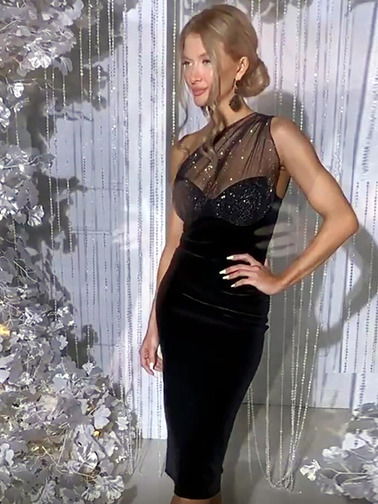Asia Single Shoulder Midi Dress Polka Dot Cut out Mesh Velour Sexy Split Black Dress Woman Elegant Fashion Bodycon Party Wear 220511