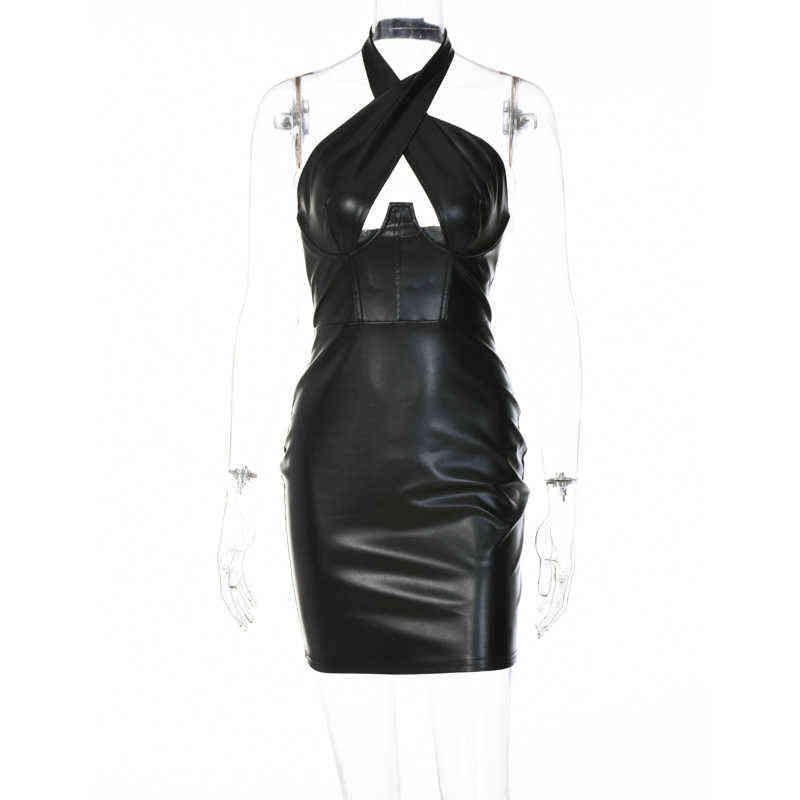 Black PU Leather Sexy Dress Women Cross Wrap Halter Bodycon Dress Backless Corset Mini Party Club Dress Summer T220816