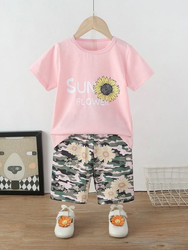 Toddler Girls Sunflower Tee With Camo Biker Shorts SHE