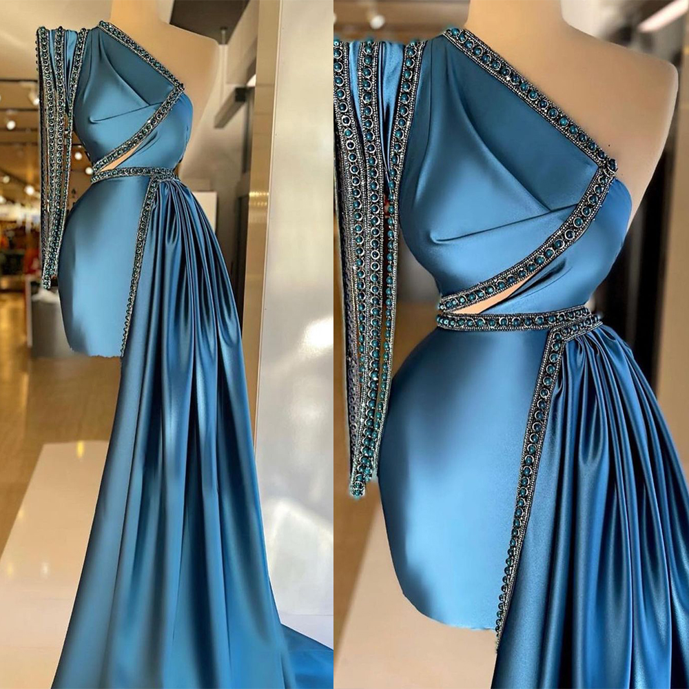 Saudi Arabia Prom Dress Ruched Satin Mermaid Ruffles One Shoulder Long Sleeve Dress For Dubai Women robe de soiree