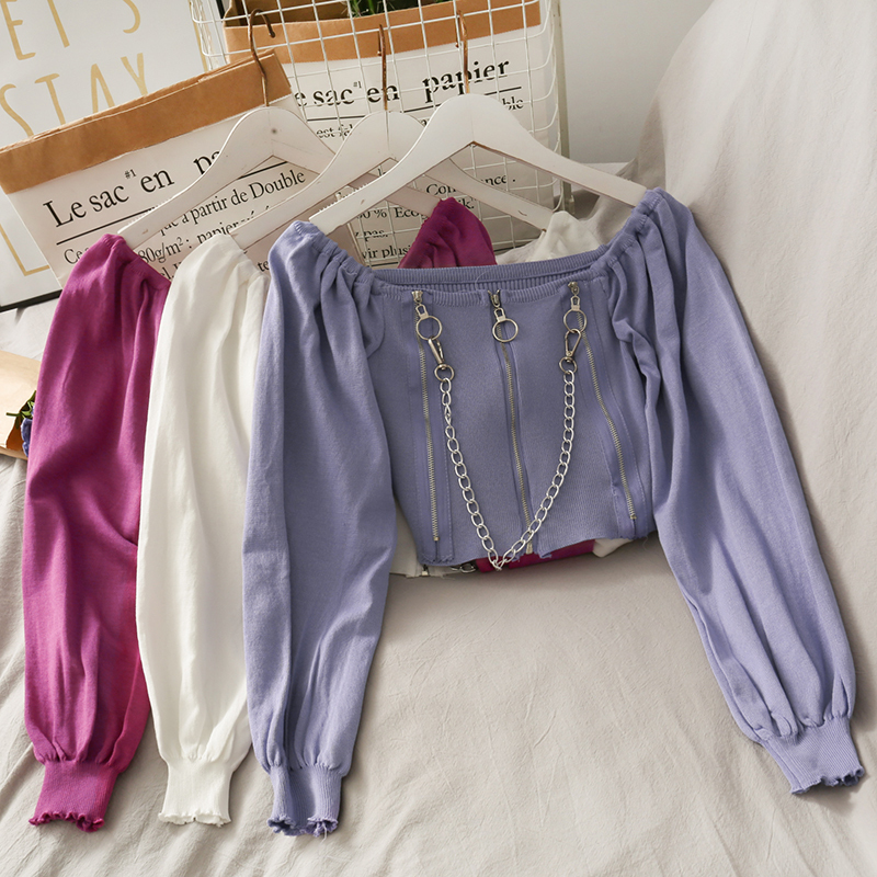 ITOOLIN Y2k Gothic Zipper Crop Top Women Sexy Off Shoulder Street T-shirts Clubwear Long Sleeve Tees Dark Black Vintage Clothes 220321