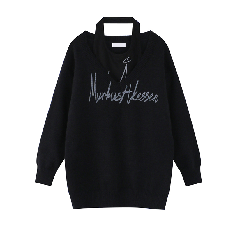 Winter Womens Clothing Two Piece Set Fashion Loose Retro V Neck Letter Print Sweater Long Sleeves Bottoming Vest Knitting Tops 220817