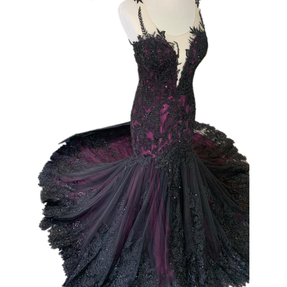 Vintage Purple and Black Mermaid Wedding Dresses Gothic Applique Beaded Sheer Neck Covered Buttons Bridal Gown Robe De Mariage