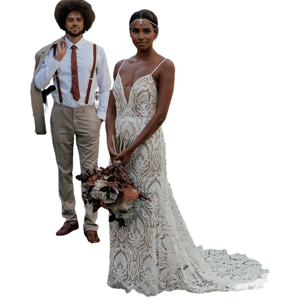 Cutout Lace Mermaid beach Wedding Dress Backless Spaghetti Strap Bohemian Sexy Low Cut Bohemian Bridal Gowns