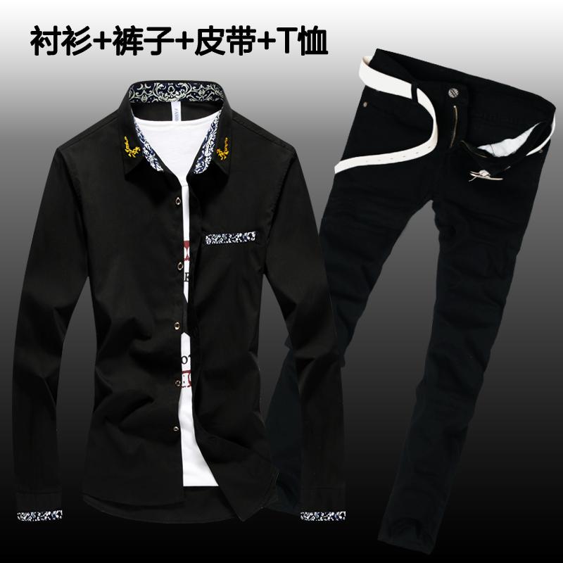 Men's Tracksuits Men's Cotton Blends Shirt Long Jeans Pants 2pcs Set Printing Collar Sleeve Shirts Men Clothing Casual Style Z