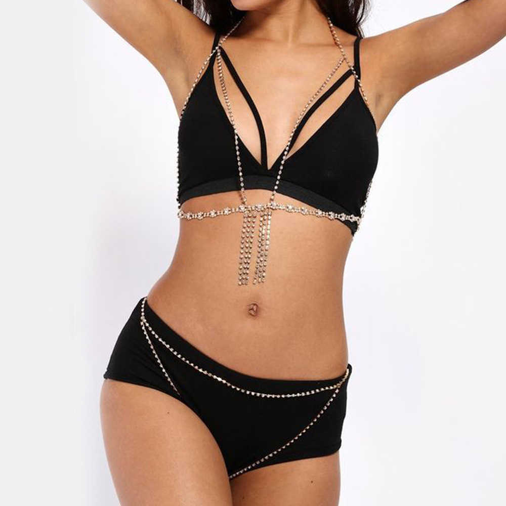Fashion sexy Rhinestone tassel chest chain temperament simple multilayer body chain suit female