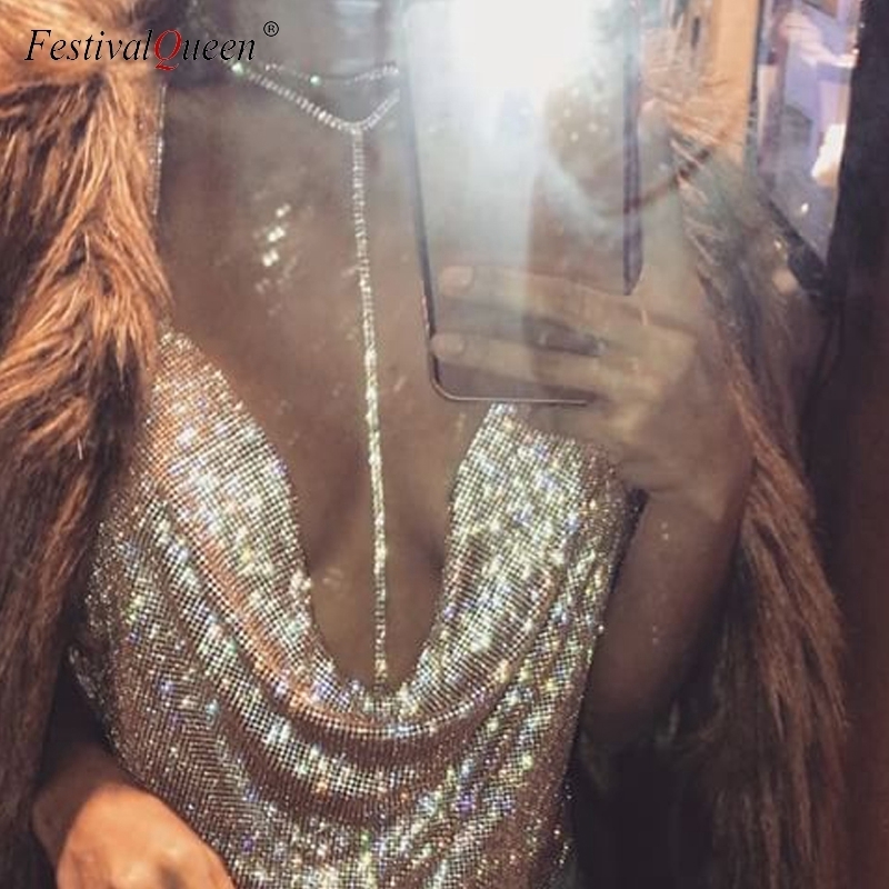 FestivalQueen Brilliant Backless Party Crop Top Women Summer Deep V Neck Night Club Diamonds Metal Tank Tops 220316