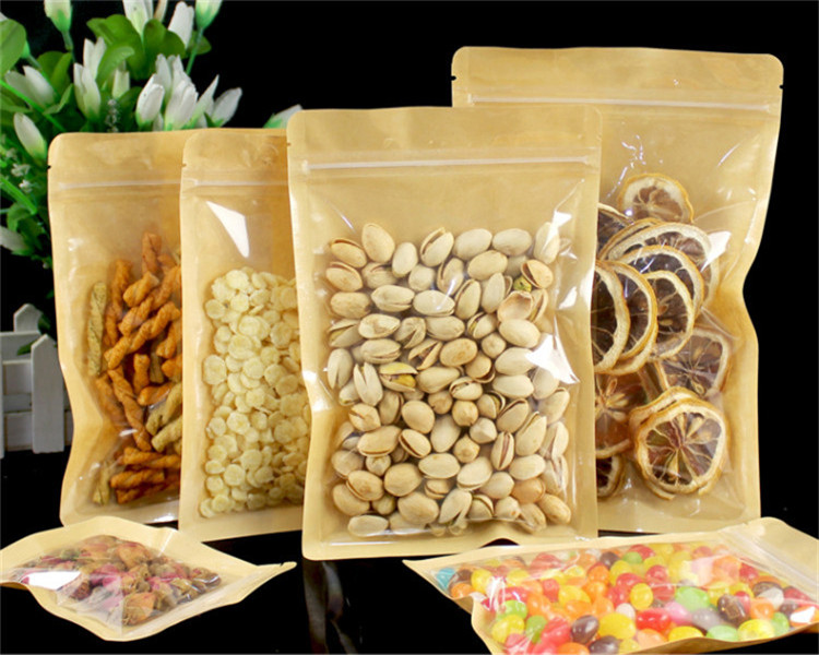 100pcs Clear Front Flat Bottom Kraft Paper Packaging Bags One Side Clear Coffee Beans Dried Fruit Bakery Snack Candy Wedding X-mas Gifts Resealable Zi