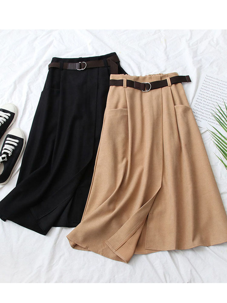 Women Casual Skirts Spring And Autumn Solid High Waist Irregular Pockets Midi Fashion Simple Elegant Saia Faldas 220317