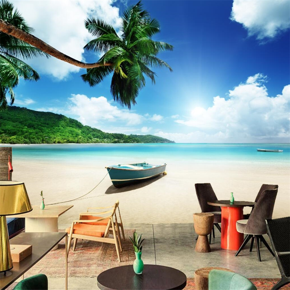 papel de parede Boats Tropics Sky Beach Nature photo palm trees wallpaper sofa TV wall bedroom custom murals