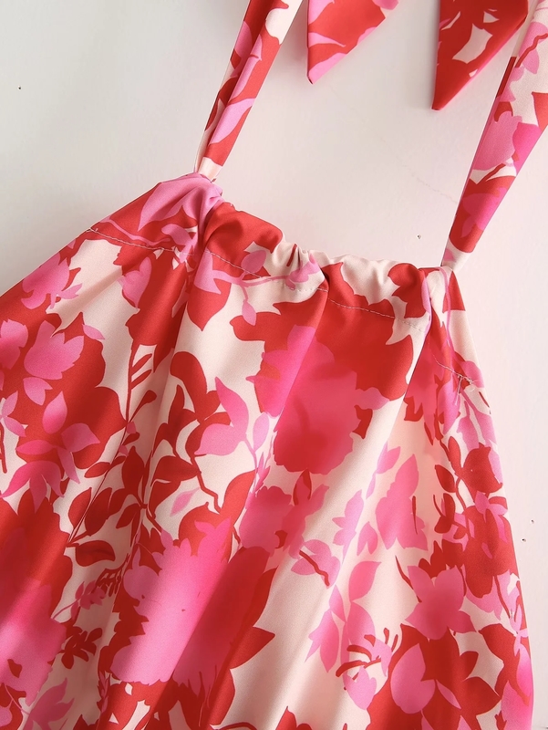 Sexy Red Floral Print Backless Summer Women Boho Mini Dress Bodycon Sleeveless Beach Lace Up Bowknot Drop Dress Sundress 220511