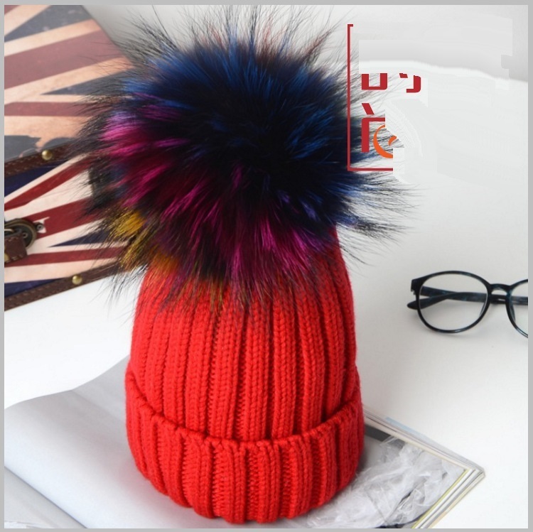 Caps & Hats Winter Rainbow Color Real Fur Pompom Knitted Kids Casual Thick 220823