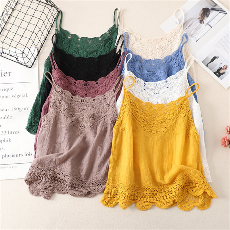 Summer Spaghetti Strap Tops Women Sleeveless V-Neck Embroidery Cotton Linen Tank Top Casual Vintage Camis Mujer Tee Shirt Femme 220325