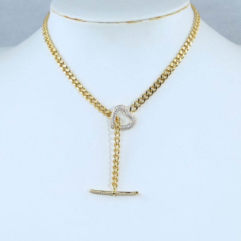 Cuban k Chain Heart Clasp Necklace: Gold-Plated Micro Paved Clear Cz