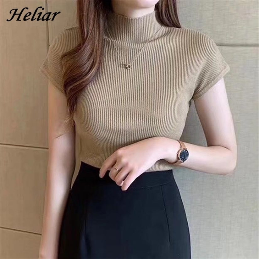 HELIAR Women Summer Knitted T-shirts Plain O-Neck Solid Tops Short Sleeve High Street Casual Tees For 220328