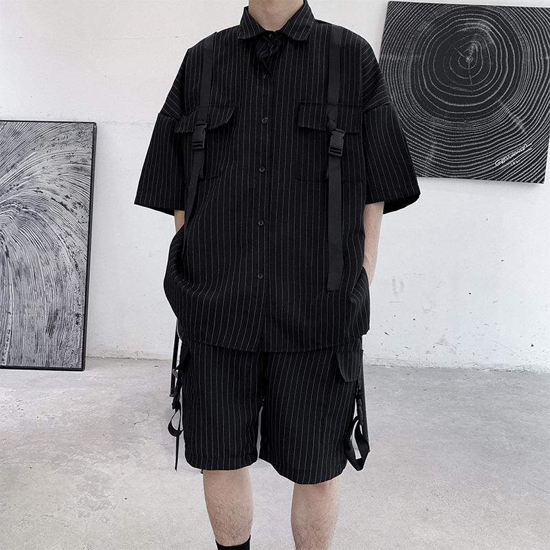 Men's Tracksuits Strap Design Vertical Striped Tooling Suit Men Summer Black Short-sleeved Shirt Loose Overalls Shorts Two-piece Couple Sets, 01
Men's Tracksuits Strap Design Vertical Striped Tooling Suit Men Summer Black Short-sleeved Shirt Loose Overalls Shorts Two-piece Couple Sets, 01