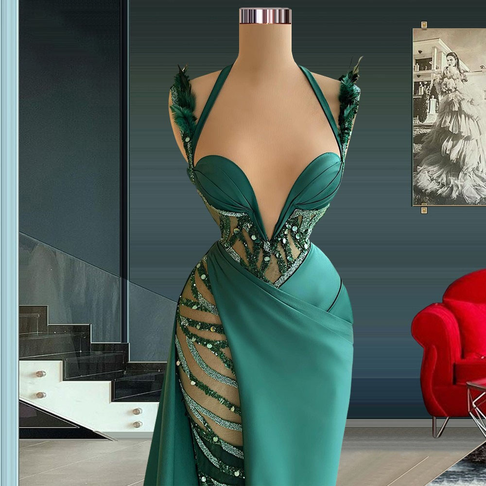 Mermaid Dresses Green Sexy V Neck Spaghetti Straps Sleeveless Satin Appliques Sequins Plus Size Elegant Prom Gowns Or Length Custom Made Evening Gown