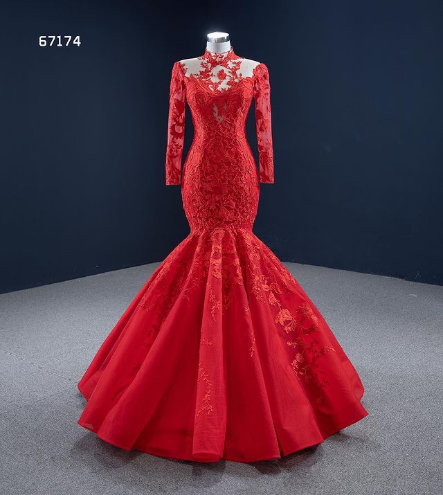 Red Applique Mermaid Prom Dresses evening gown 2022 Real Image High Neck Illusion Long Sleeve lace-up corset princess trumpet Dress